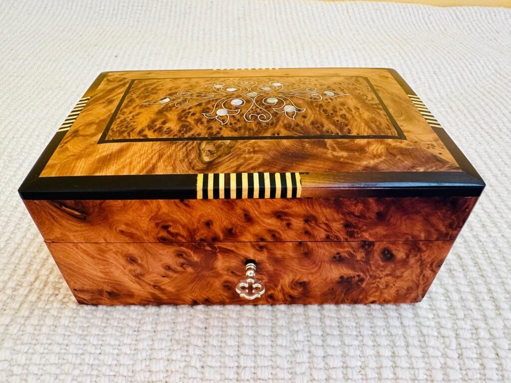 Handmade Moroccan thuya wood jewelry box with mother of pearl inlay
