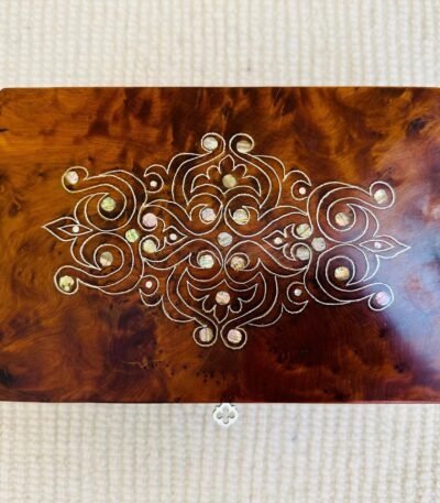 Vintage Moroccan thuya wood jewelry box with abalone marquetry