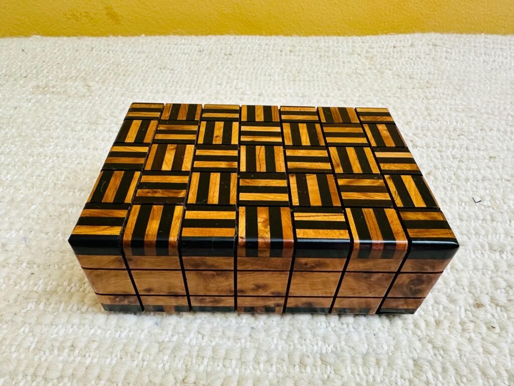 Handmade Moroccan cedar burl wood puzzle box with hidden compartment