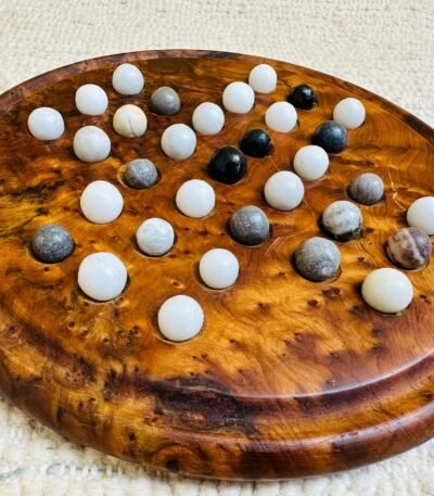 Handmade Moroccan thuya wood solitaire game board with marble stone balls