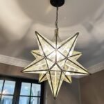 Moroccan star glass chandelier frosted white with brass trim