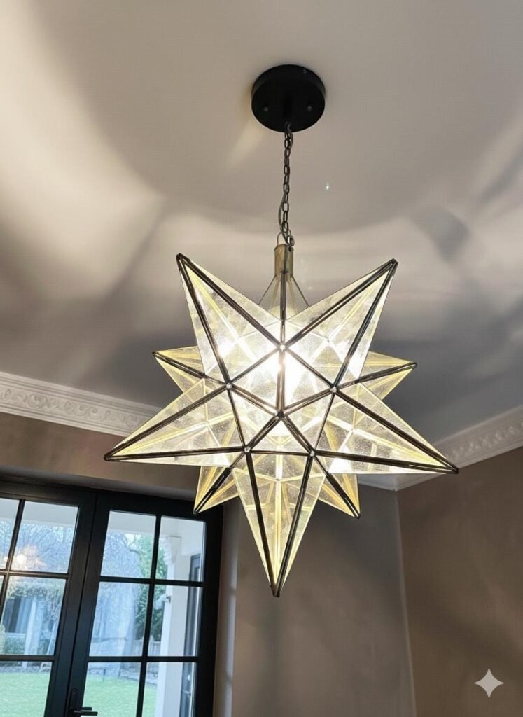 Moroccan star glass chandelier frosted white with brass trim