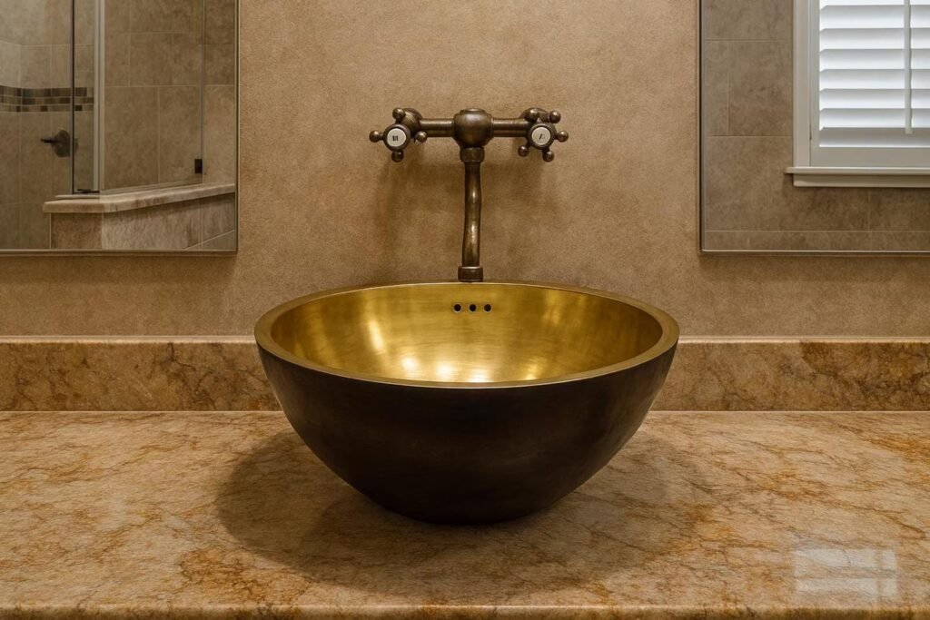 Handmade Moroccan brass vessel sink gold interior black exterior