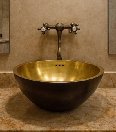 Handmade Moroccan brass vessel sink gold interior black exterior