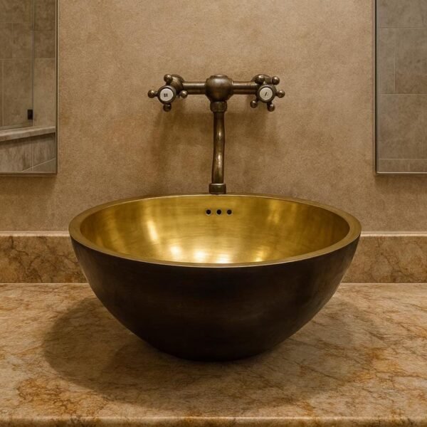 Handmade Moroccan brass vessel sink gold interior black exterior